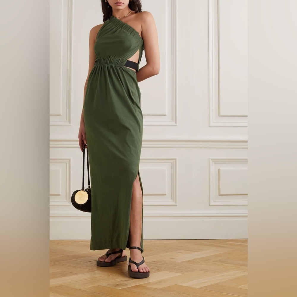 Bassike One Shoulder Cut Out Cotton Jersey Midi Dress Khaki Green Size 10 NWT